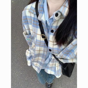 【砂糖夢境】復古格子襯衫外套女夏季正肩小個子寬鬆休閒防曬港風復古chic上衣