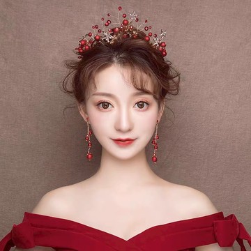 2022新款新娘頭飾紅色皇冠韓式超仙大氣結婚發箍婚紗敬酒服配飾品
