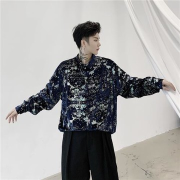 燙金炫彩絲絨襯衫男長袖設計感2023早春新款ins潮牌痞帥炸街上衣