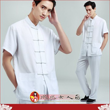 現貨L快速出貨｜白色百搭純色功夫衫 男士中式短袖唐裝上衣｜清風｜水水女人國