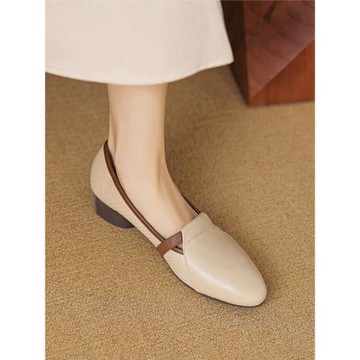 巨舒適~ 法式真皮低跟單鞋女2025春秋圓頭復古小皮鞋一腳蹬奶奶鞋