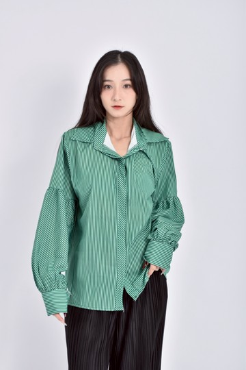 (XL) 條紋長袖綠色襯衫上衣