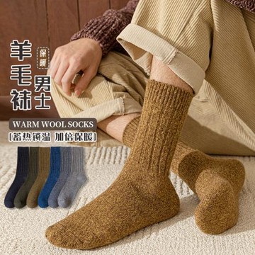 黑色羊毛襪子男士秋冬款加厚保暖中筒襪純色復古冬季潮流高筒長襪