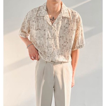 夏季上衣古巴領碎花短袖襯衫男薄款古著復古寬松垂感免燙花襯衣男