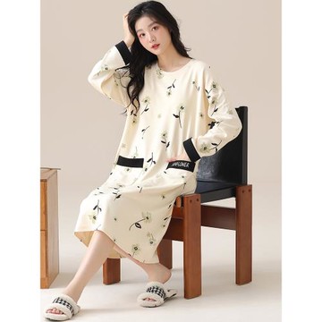 5XL加肥特大碼睡裙女春秋純棉長袖胖mm200斤長款秋冬有口袋睡衣裙