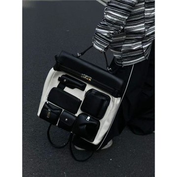 THREE新品網紅同款時尚休閑多口袋重工帆布撞色設計手提雙肩包包