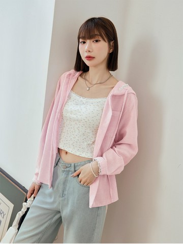 純色蕾絲邊排釦抽繩連帽外套