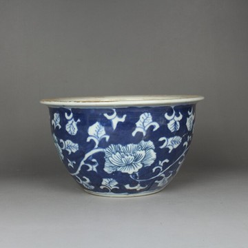 晚清民國民窯手繪青花纏枝花卉紋花盆缸古玩收藏古董仿古瓷器擺件