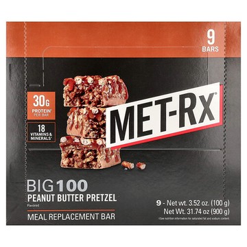 MET-Rx, Big 100，代餐棒，花生醬椒鹽脆餅，9 根，每根 3.52 盎司（100 克）