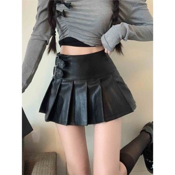 大碼美式復古高腰PU皮裙半身裙女秋季小個子黑色a字百褶皮短裙子