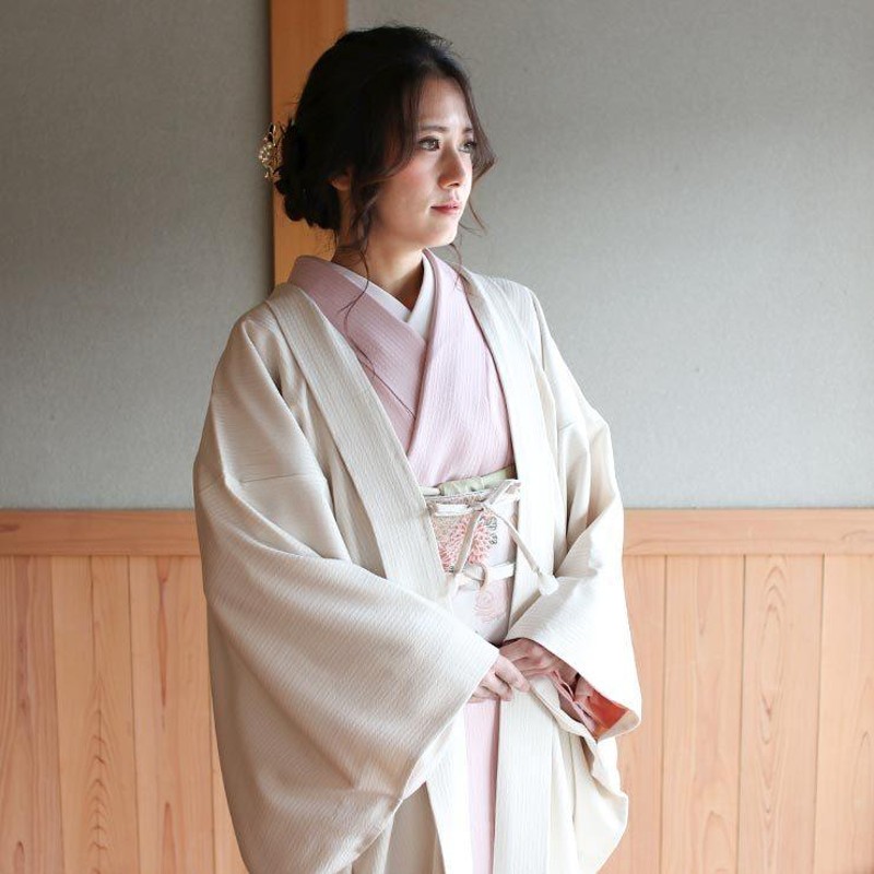 着物羽織り 長羽織 女性 洗える 色無地 格子地紋 オフシロ 袷 日本製 着物