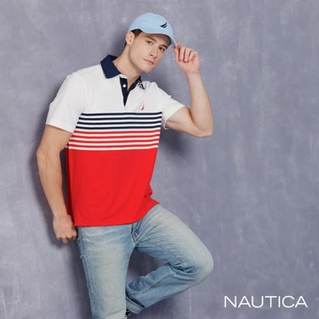 Nautica男裝 撞色拼接條紋短袖POLO衫-紅色