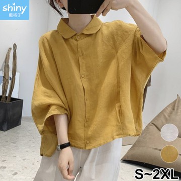 【V5064】shiny藍格子-文藝氣息‧素色寬鬆短版五分袖棉麻襯衫