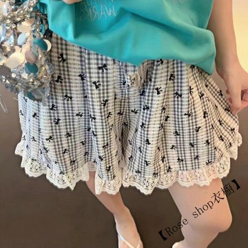 【臺灣出貨】🍉80-300斤春夏新款大碼韓系女款休閒風蝴蝶結蕾絲邊格子短褲可外穿 韓版短褲 運動短褲 休閒短褲 女生短