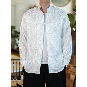 中國風盤扣襯衫男復古潮牌春秋款絲綢襯衣男士寬松大碼唐裝外套潮