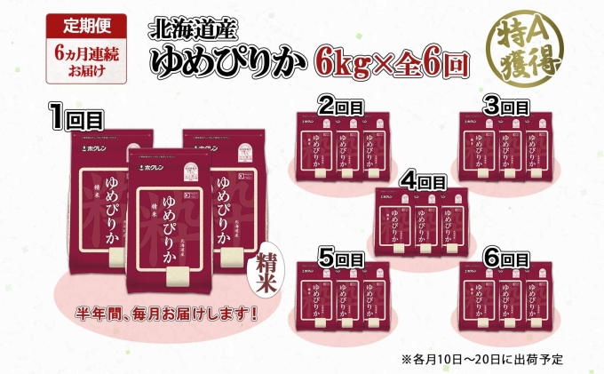 定期便 6ヶ月連続6回 北海道産 ゆめぴりか 精米 6kg 米 特A 獲得 白米 ごはん 道産 米 6キロ 2kg ×3袋 小分け お米 ご飯 米 北海道米 ようてい農業協同組合  ホクレン 送料無料 北海道 倶知安町