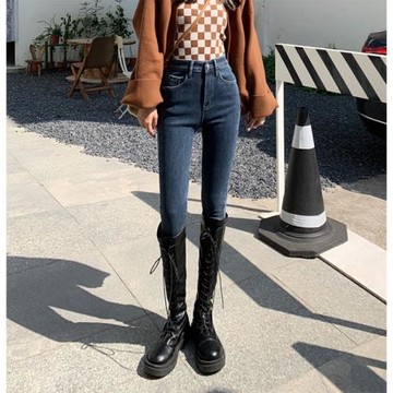 秋秋季2026新款高腰藍灰色小腳牛仔褲女裝彈力修身顯瘦鉛筆褲子