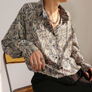 韓國復古腰果花襯衫男長袖慵懶港風垂墜感寬鬆春秋薄款寸衫外套潮