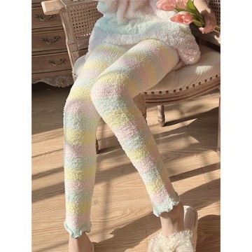 秋冬軟綿綿高腰長褲加厚保暖甜美可愛彩虹條紋毛絨暖宮褲家居睡褲