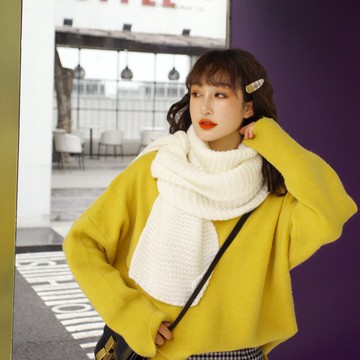 圍巾韓版女百搭短款小圍巾冬季加厚純色毛線針織chic日系圍脖學生1入
