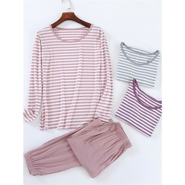 睡衣女春秋莫代爾長袖束腳長褲兩件套大碼寬松條紋家居服套裝夏季