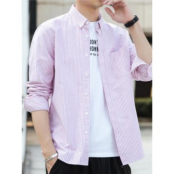 男士秋季純棉長袖襯衫條紋寬松休閑青年牛津紡修身襯衣大碼外套潮