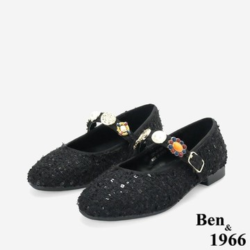 Ben&1966質感格紋布寶石釦飾瑪莉珍鞋-黑(256191)