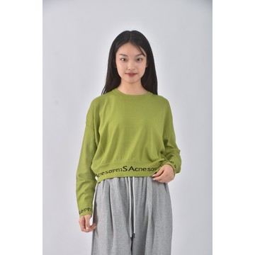 (F) 修身短版圓領落肩綠色長袖上衣二手衣