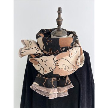 雙面雙色可愛卡通貓咪圖案圍巾仿羊絨大披肩兩用冬季女士外搭長款