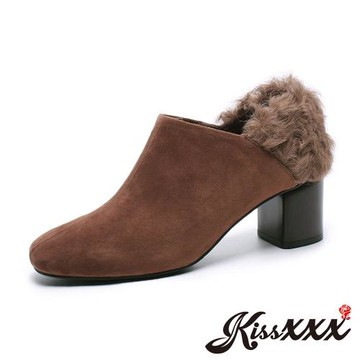 【KissXXX】踝靴 高跟踝靴/全真皮時尚毛毛拼接高跟踝靴(棕)