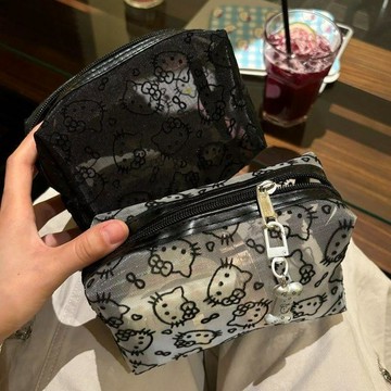 ✨臺灣出貨✨簡約可愛黑色網紗kitty化妝包便攜大容量收納包手拿補妝包耐髒
