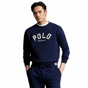 Polo Ralph Lauren RL 熱銷刺繡小馬文字鋪棉大學T恤-深藍色