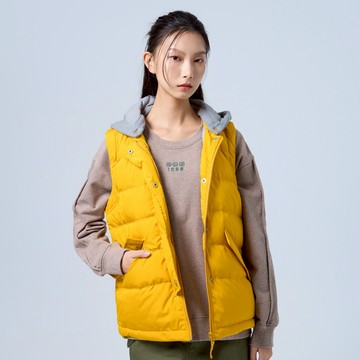 【ERSS】女裝 羽絨背心 羽絨 背心 帽可拆 假兩件 口袋拉鍊 黃色【K10172】