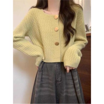 別致獨特方領寬松短款毛衣開衫外套女春秋2025新款小個子針織上衣