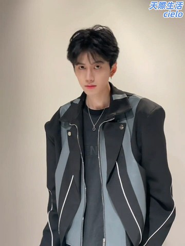 【高級感墊肩】皮衣外套 機車服 夾克 皮夾克 外套男 拼接短款設計 PU皮質 髮型師小眾穿搭 春秋季潮流單品