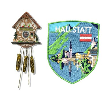 奧地利 三松果咕咕鐘 造型磁鐵+奧地利 哈爾施塔特湖刺繡【2件組】網紅打卡地標 文青必備 磁鐵 大門磁鐵 冰箱磁鐵 磁鐵冰箱貼 出國禮物
