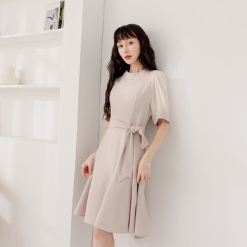 niceioi 仙女蓬袖綁帶拼接洋裝