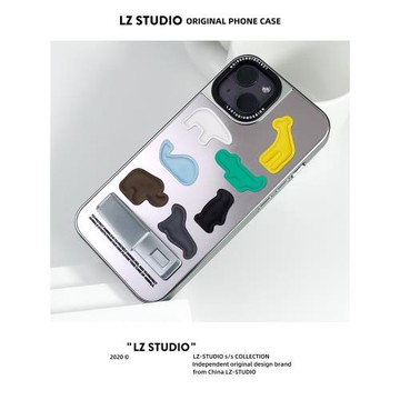 lz原創銀邊電鍍磨砂iPhone15promax適用16蘋果14pro手機殼帶金屬支架折疊隱藏13保護殼12高級感便攜創意卡通