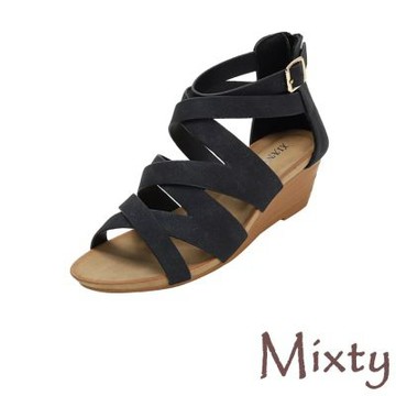 MIXTY 坡跟涼鞋/復古歐美時尚純色交叉帶造型坡跟涼鞋 黑