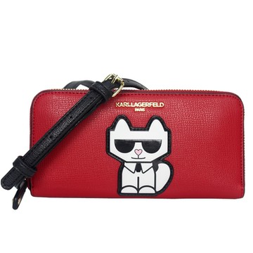 KARL LAGERFELD 卡爾貓咪圖案拉鍊長夾斜背包(紅色)