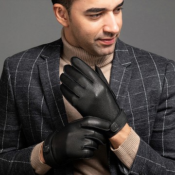 seoul show首爾秀 仿鹿皮紋皮帶按扣全掌觸控頭層小綿羊皮珊瑚絨真皮保暖手套