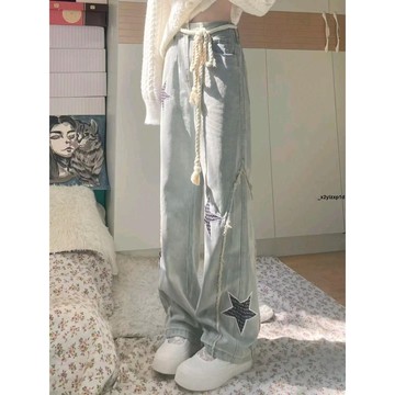 牛仔褲 長褲美式高街星星刺繡牛仔褲女秋季hiphop寬松顯瘦高腰毛邊直筒拖地褲