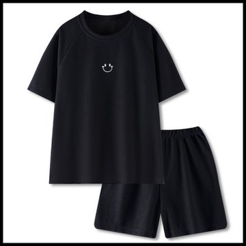 笑臉純棉睡衣女夏款套裝薄款短袖黑色簡約休閑可愛家居服可外穿