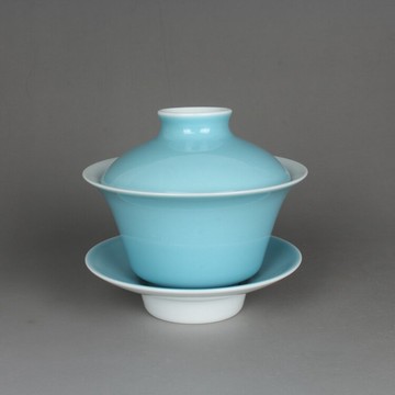 手工瓷器茶具蓋碗 天藍釉蓋杯三才茶碗 古玩古董仿古陶瓷器收藏品