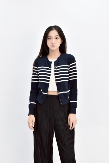 (S) kumikyoku修身短版棉質條紋排扣藍色外套