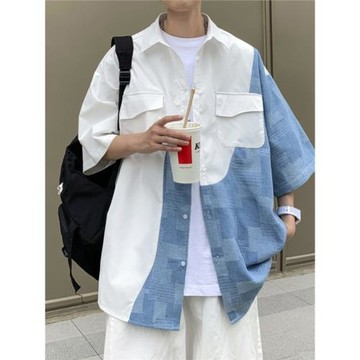 cleanfit淺藍色格子拼接七分袖襯衫男春夏季薄款外套高級短袖寸衫