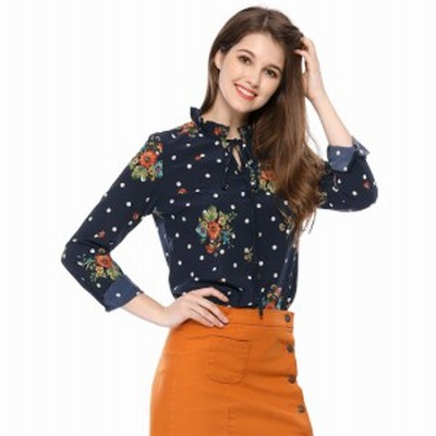 Allegra K フリルネック ブラウス 花柄 ドット柄 トップス 長袖 カジュアル レディース ブルー Xl 通販 Lineポイント最大get Lineショッピング