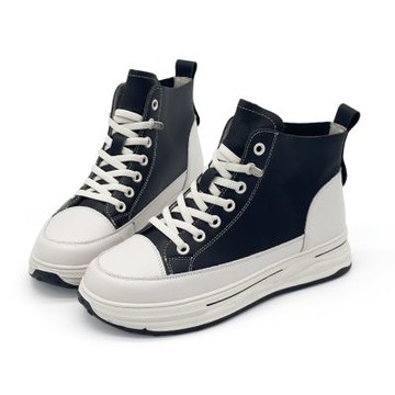 Robinlo 真皮免綁帶高筒休閒靴Q彈厚底小白鞋短靴 EULA  時尚黑