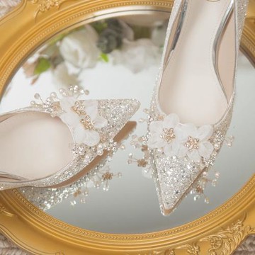 高跟鞋婚鞋女銀色新娘禮服鞋亮片閃閃法式尖頭細跟單鞋水晶伴娘鞋