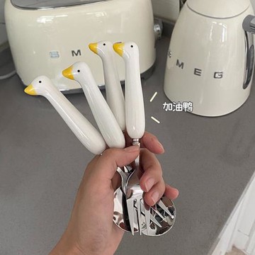 ins風加油鴨勺叉兒童卡通陶瓷手柄不銹鋼勺叉便攜餐具ins風小紅書